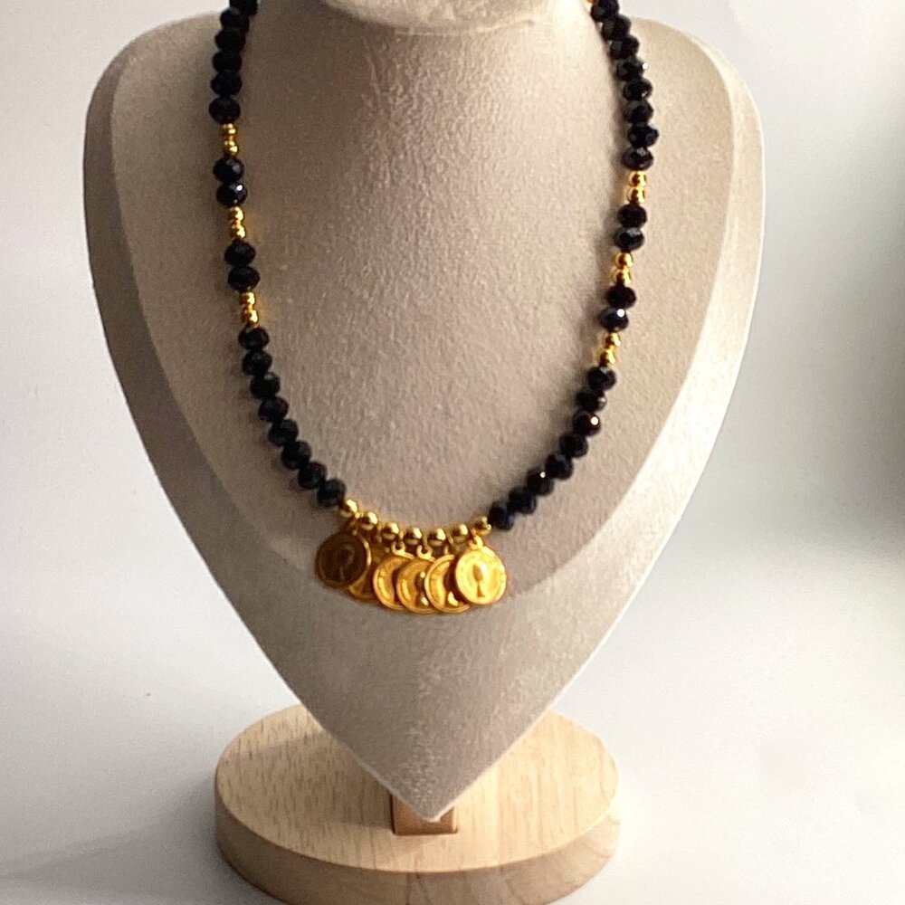 ✨ Mama Helen’s Handmade Black Stone Necklace –Gold Hematite & Round Lira Accents